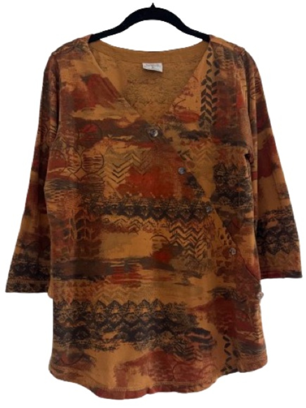 CMC By Color Me Cotton Abstract 3/4 Sleeve Top Orange Brown Boho Shirt